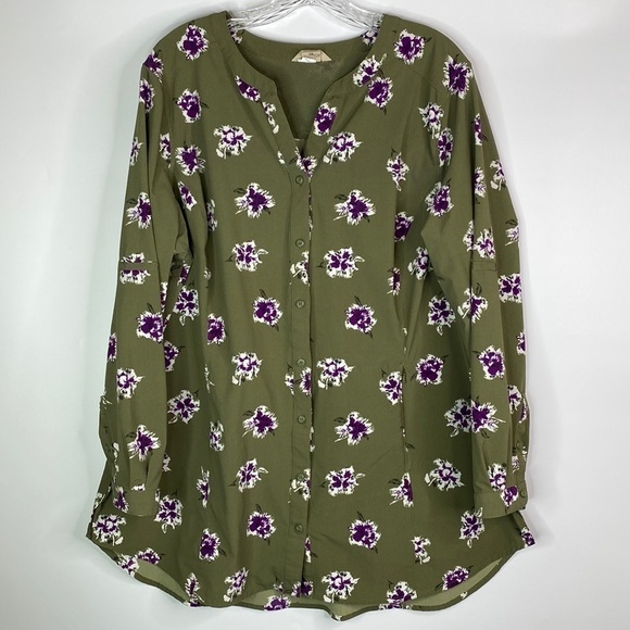 Duluth Trading DuluthFlex Sidewinder Green Purple Floral Tunic Button Up Shirt - Picture 1 of 5